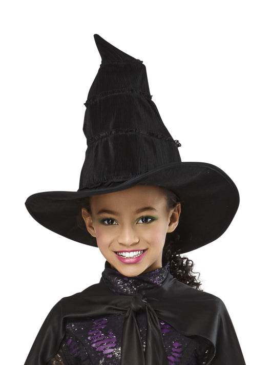 Premium Elphaba costume from Wicked features green skin makeup, black dress, and witchs hat for magical transformations.