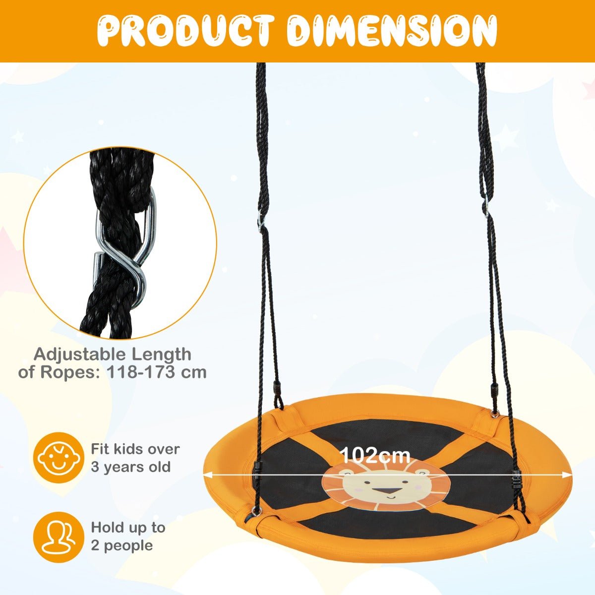 100cm Saucer Tree Swing with Adjustable Ropes and Carabiners for Kids-Yellow - Kids Mega Mart