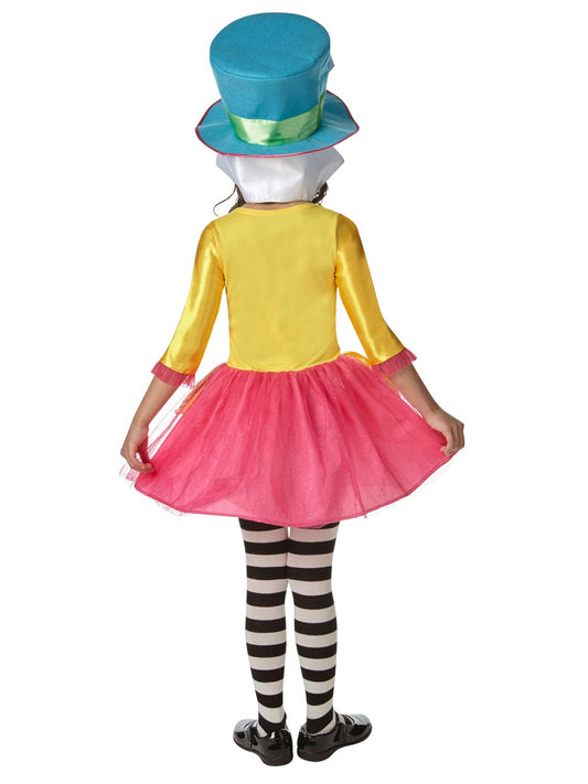 Disney-licensed Mad Hatter costume set with signature hat, ideal for play or dress-up.
