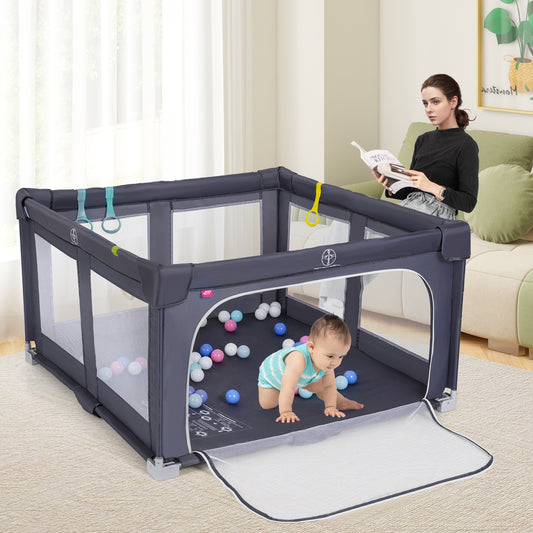 Large Light Grey Baby Playpen 127cm | Balls Rings Zip Door