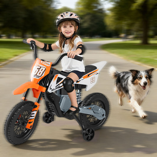 12V Kids Motorcycle Orange | Training Wheels & Suspension