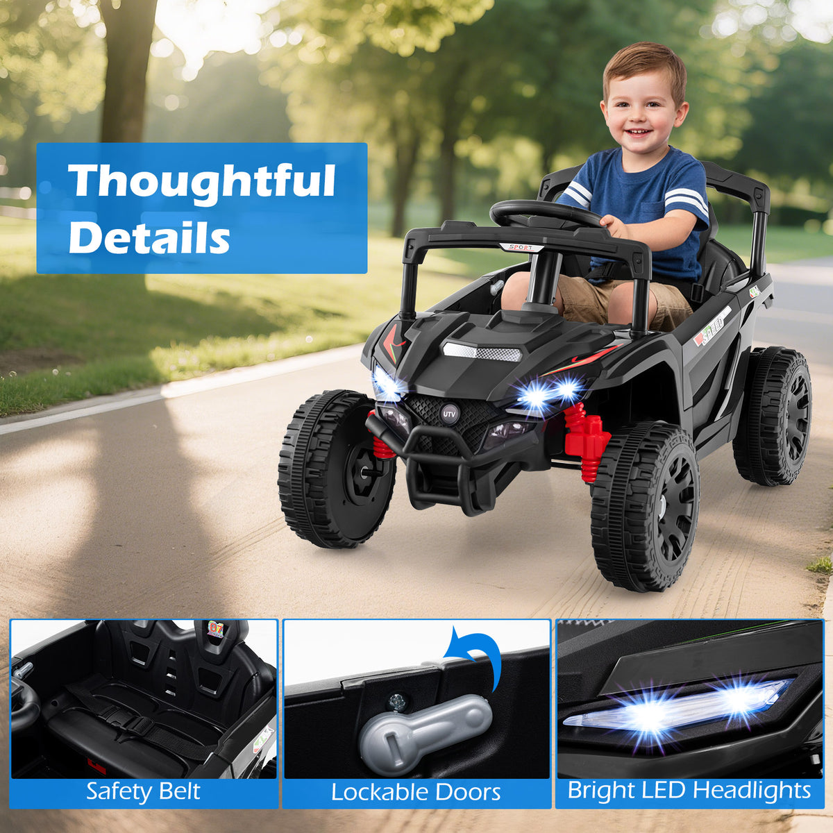 Black 12V Kids Ride-On UTV Truck | Dual Control & LED Lights