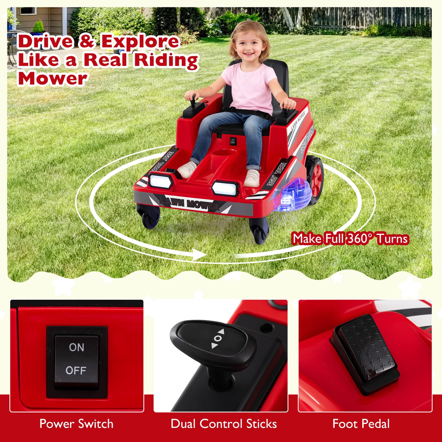 12V Ride On Lawn Mower | Dual Control LED Lights Red