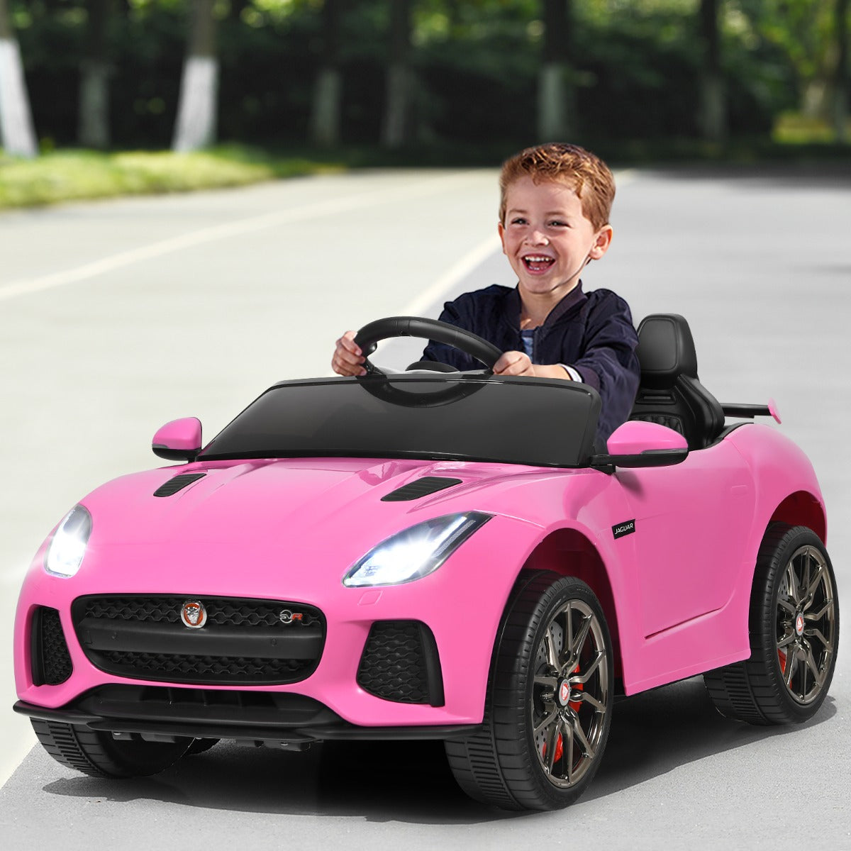 Pink Jaguar F-Type SVR Kids Ride-On Car with Remote Control, perfect for indoor playtime. Pink Jaguar F-Type SVR Kids Ride-On Car with Remote Control, perfect for indoor playtime.