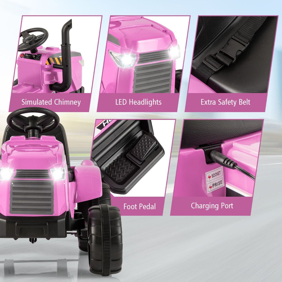 Pink 12V kids electric tractor with trailer and remote control for fun backyard play.