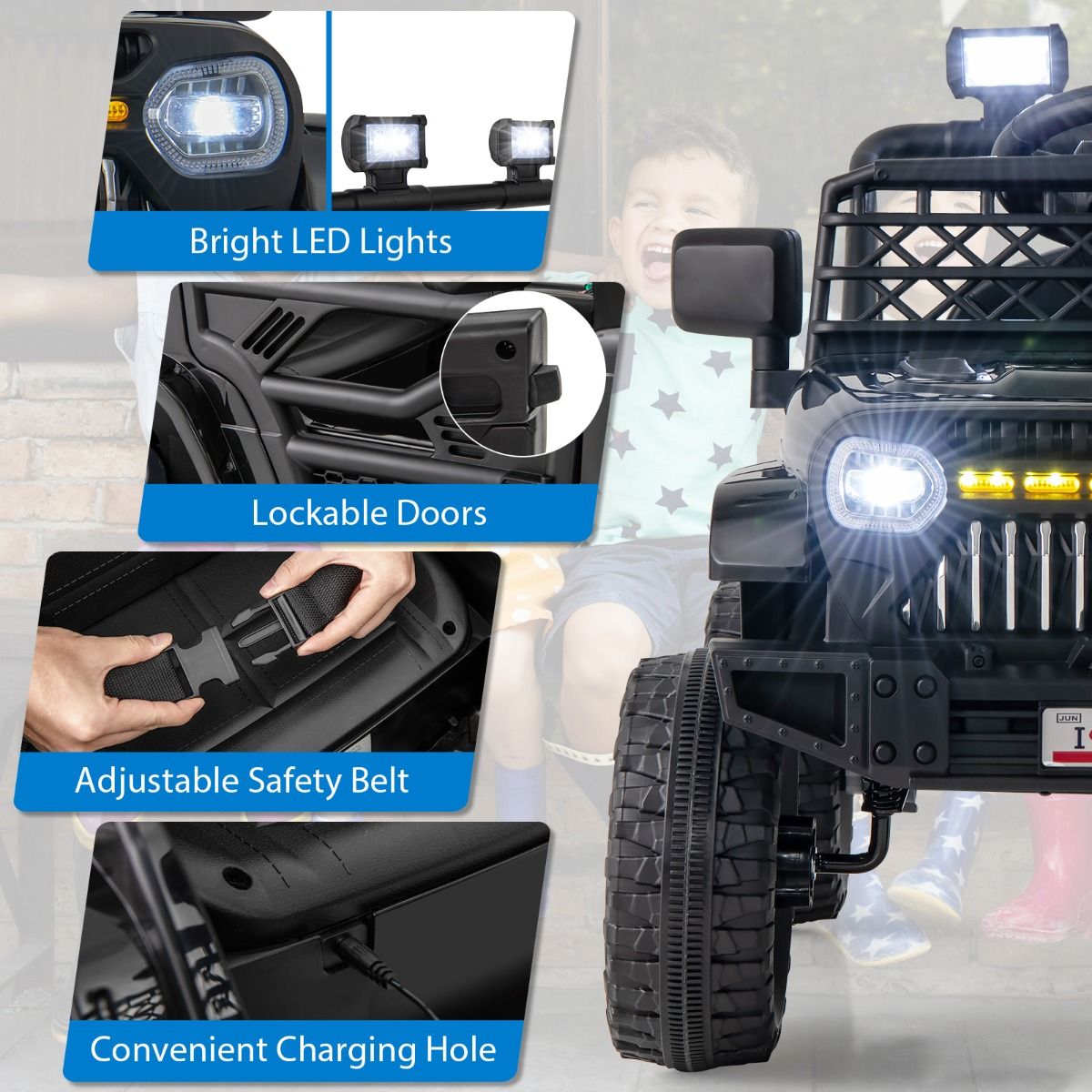 Black 12V electric ride-on truck for kids featuring LED lights, realistic design, and exciting driving experience Black 12V electric ride-on truck for kids featuring LED lights, realistic design, and exciting driving experience