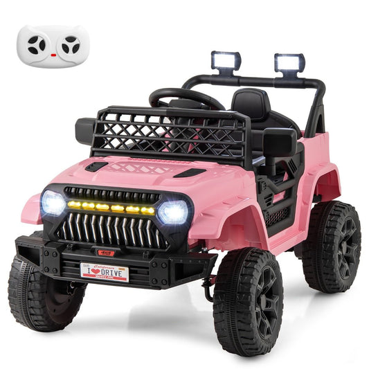 Pink 12-volt ride-on truck for kids features LED lights and remote control for safe, exciting outdoor adventures.