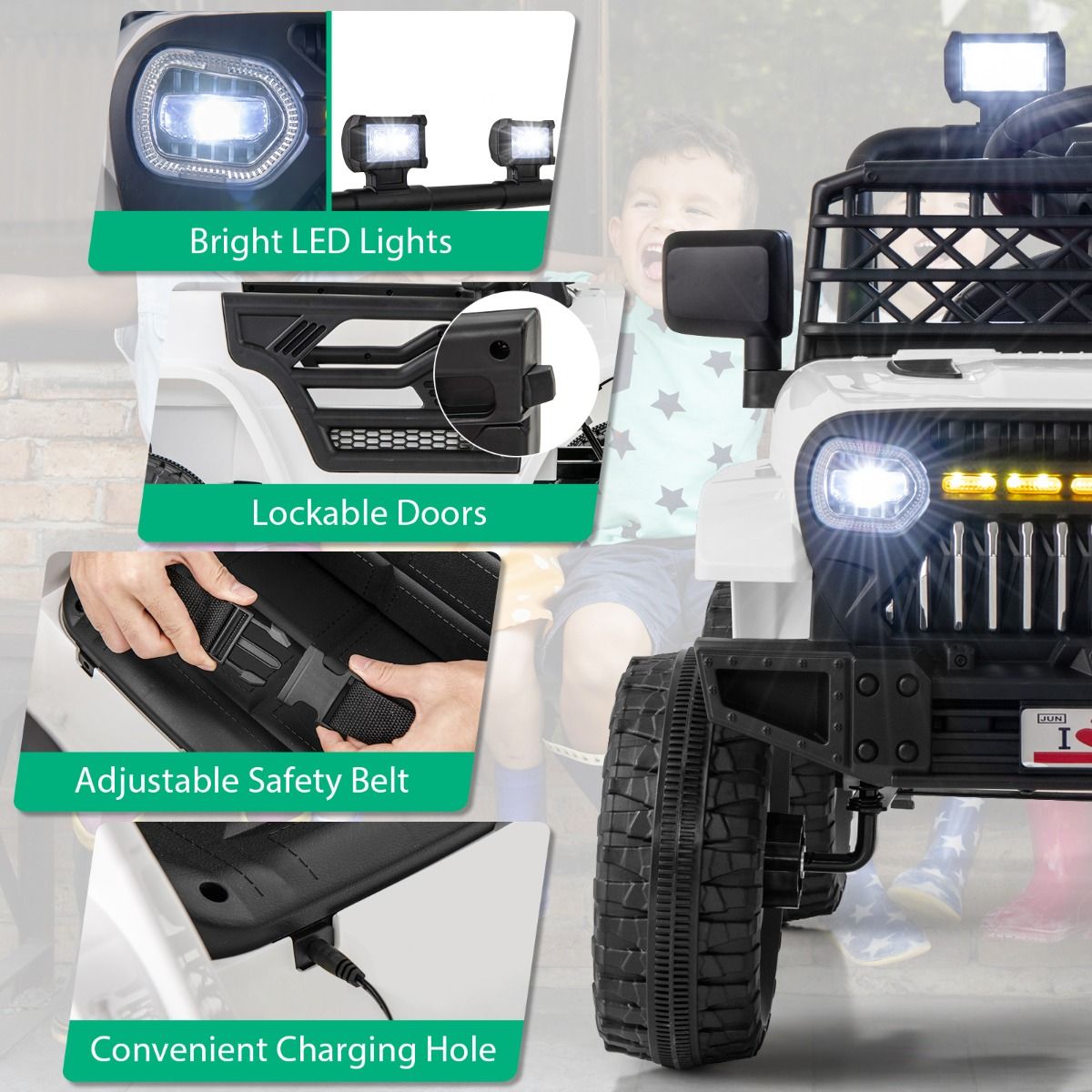 Remote-controlled 12V kids ride-on truck with white LED lights, offering a realistic driving experience for young