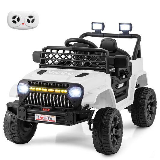 Remote-controlled kids ride-on truck with 12V power, featuring white LED lights and realistic design for outdoor fun.