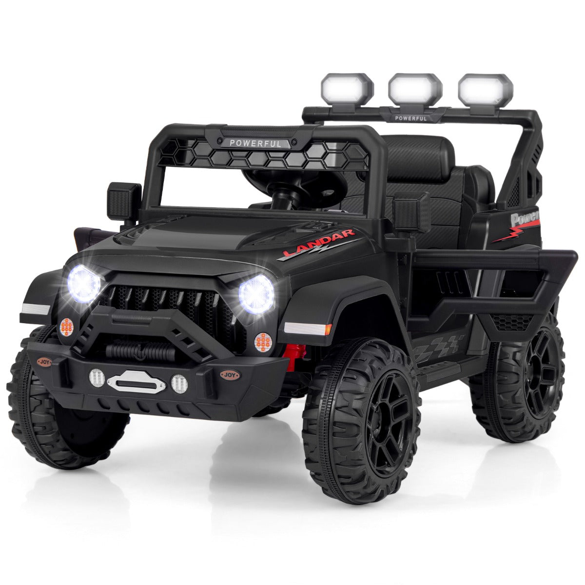 Black electric ride-on Jeep with remote control for kids outdoor adventures at home.