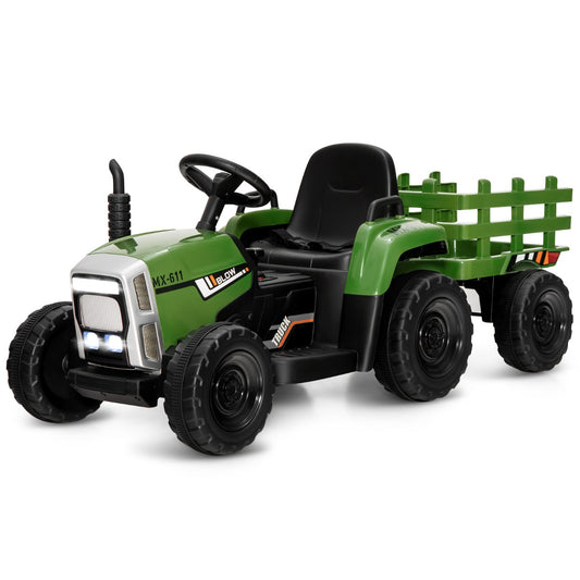 Kids ride-on tractor in dark green with detachable trailer and remote control for home fun.