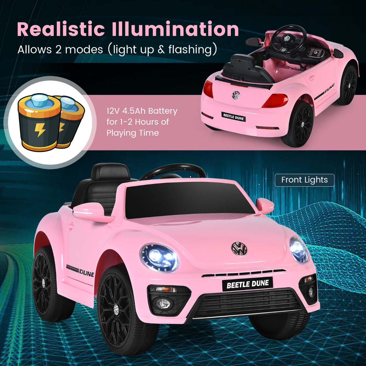 Volkswagen Beetle Pink Kids Ride On Car - 12V Electric Toy Vehicle for Home Play