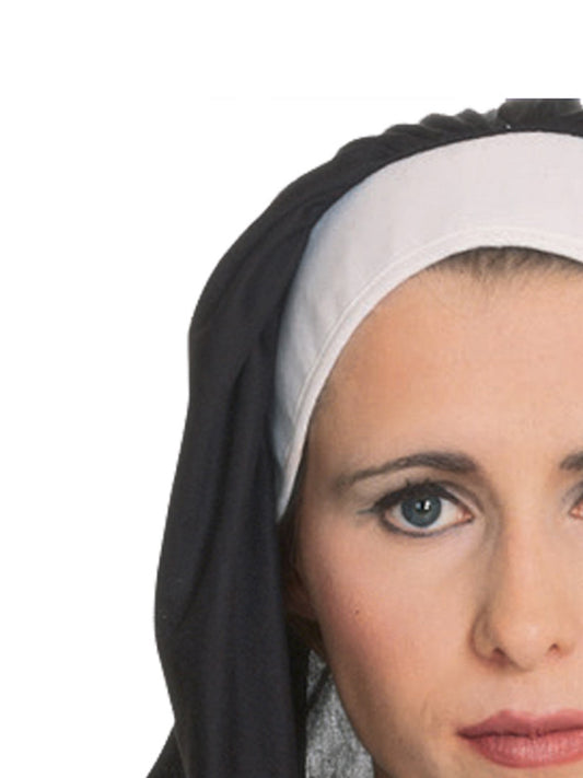 Nun costume accessory set featuring a one-size black habit and white collar for authentic religious-themed dress-up.