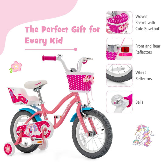 14 Kids bike in pink with training wheels and handbrake, perfect for beginners at home