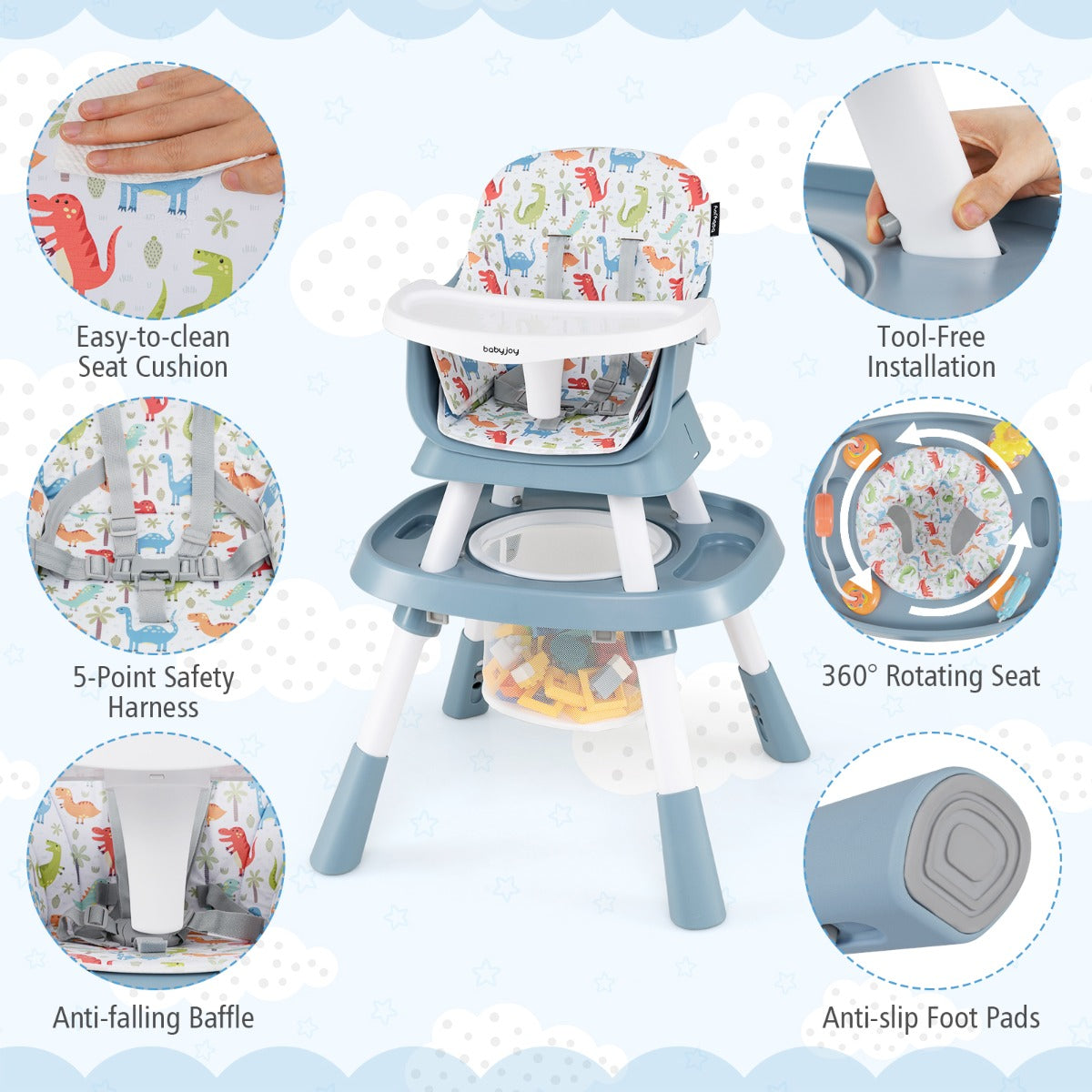 15 In 1 Blue High Chair | Adjustable Height & Removable Tray