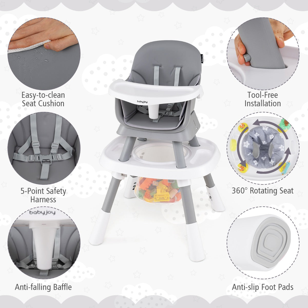 15 In 1 Grey Convertible High Chair | Adjustable Tray & Harness