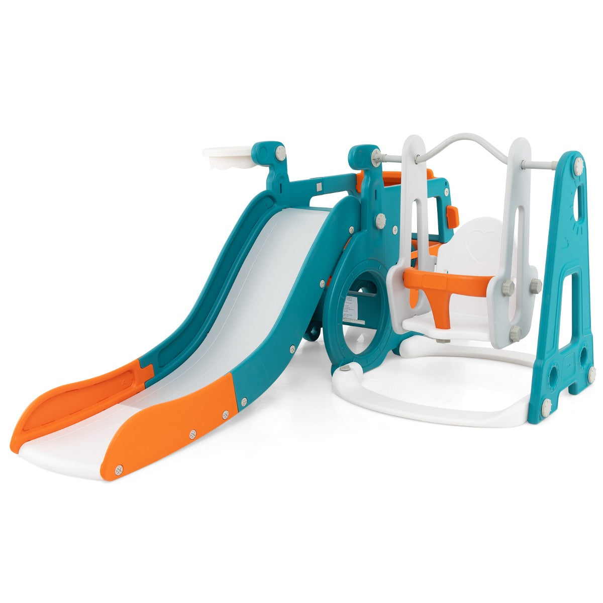 Vibrant 5-in-1 Toddler Slide Playset | Bus theme, swing, hoop for active fun at home.