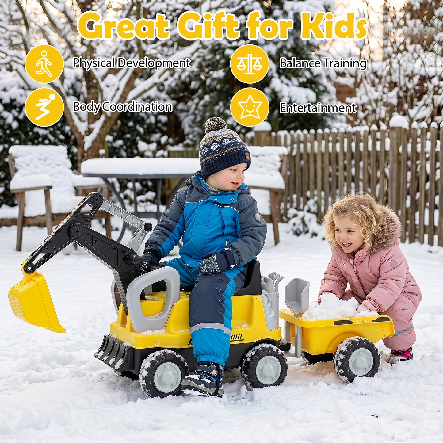 Yellow 2-In-1 Kids Ride On Tractor | Digging Arm & Trailer