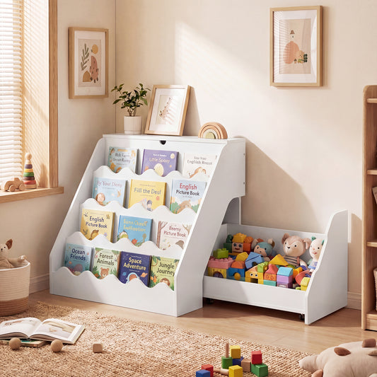 White 2 In 1 Kids Bookshelf & Toy Storage Organizer with Cart
