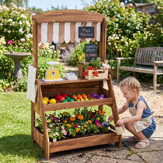Brown 2 In 1 Wooden Mud Kitchen & Market Stand | 25 Accessories