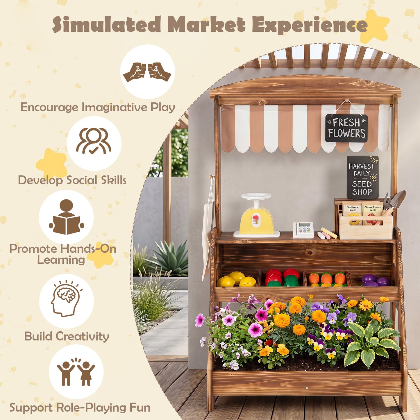 Brown 2 In 1 Wooden Mud Kitchen & Market Stand | 25 Accessories