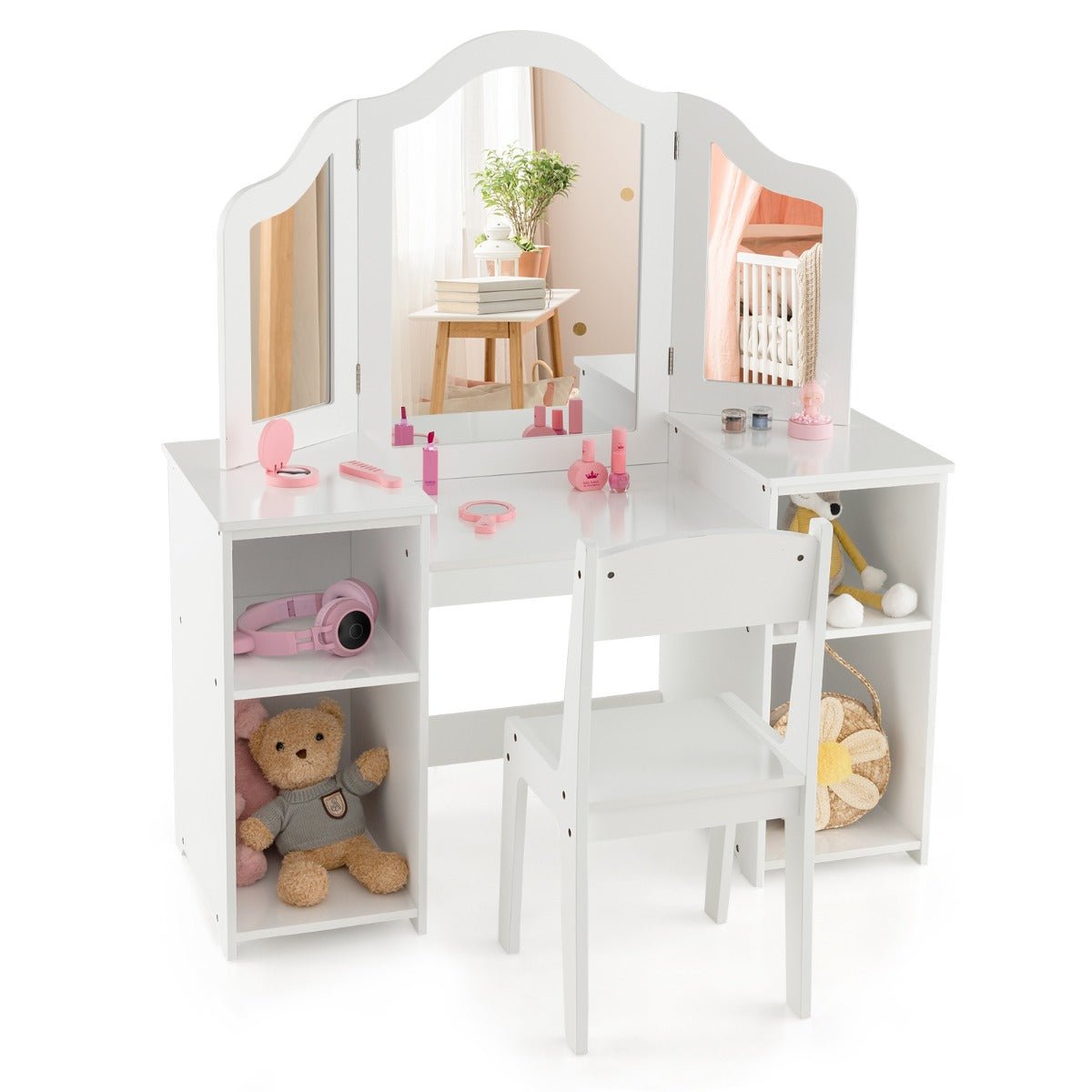 2 In 1 Kids Vanity Table and Chair Set with Removable Tri-fold Mirror for Girls Aged 3+ - Kids Mega Mart