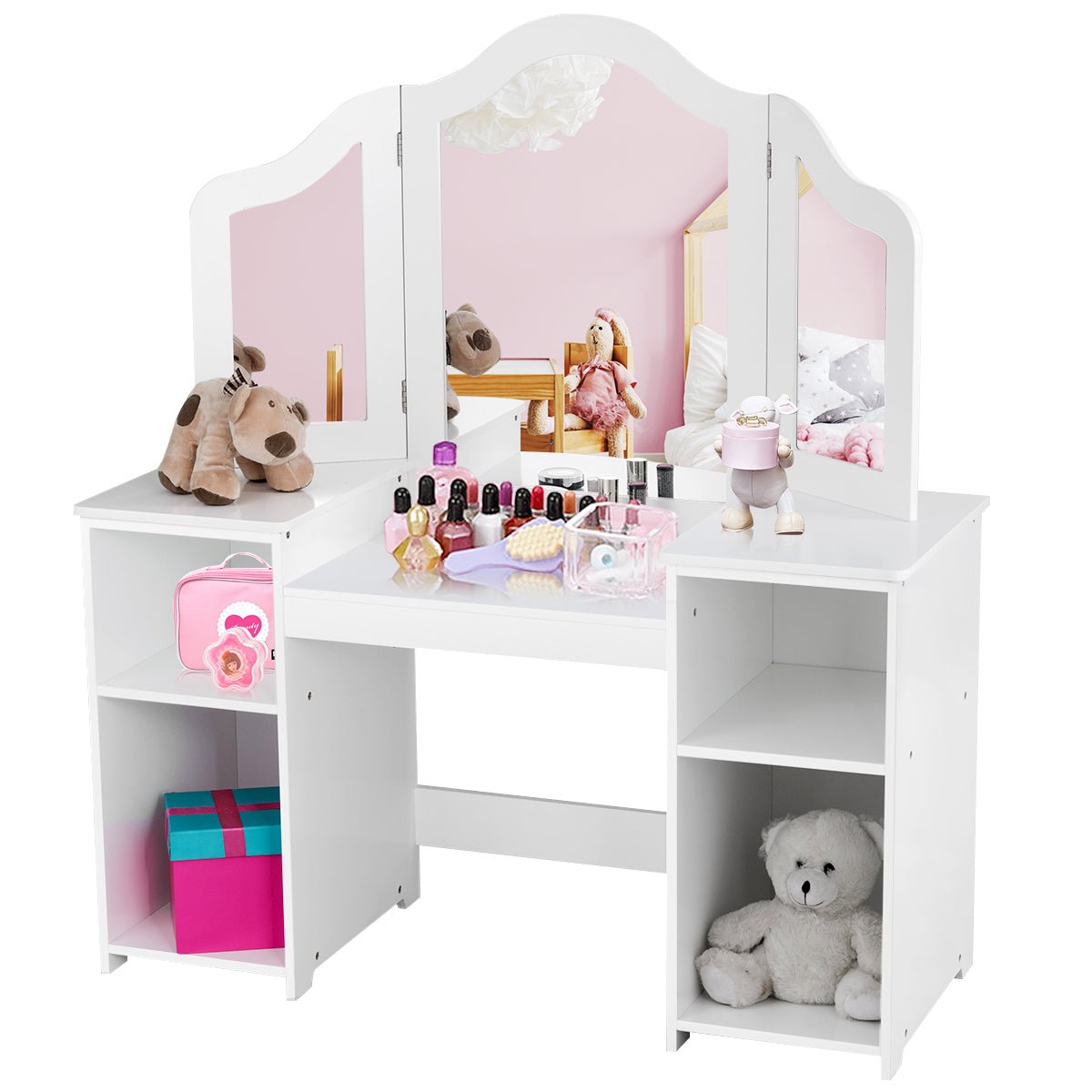 2 In 1 Princess Makeup Table with Tri-Folding Mirror and 4 Storage Shelves for Kids and Toddlers - Kids Mega Mart