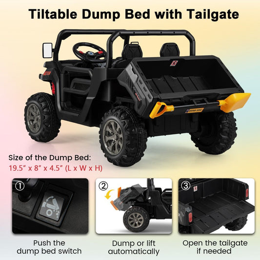 12V Kids Ride-On Dump Truck with Remote Control & Shovel for fun backyard adventures.