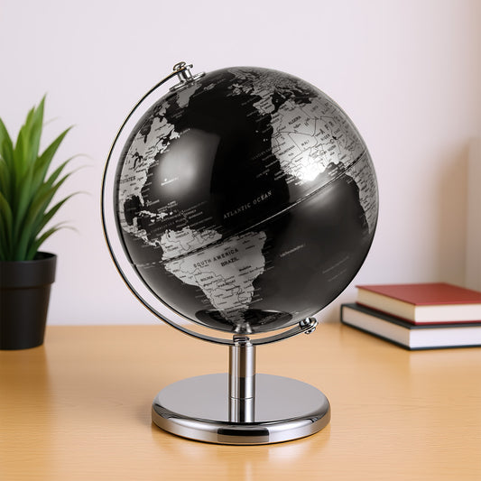 20cm Metallic Black World Globe | 360° Rotation Metal Stand