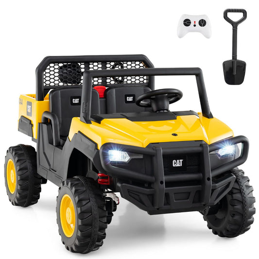 24V Yellow Caterpillar UTV Ride On 4WD | Dump Bed & LED Lights