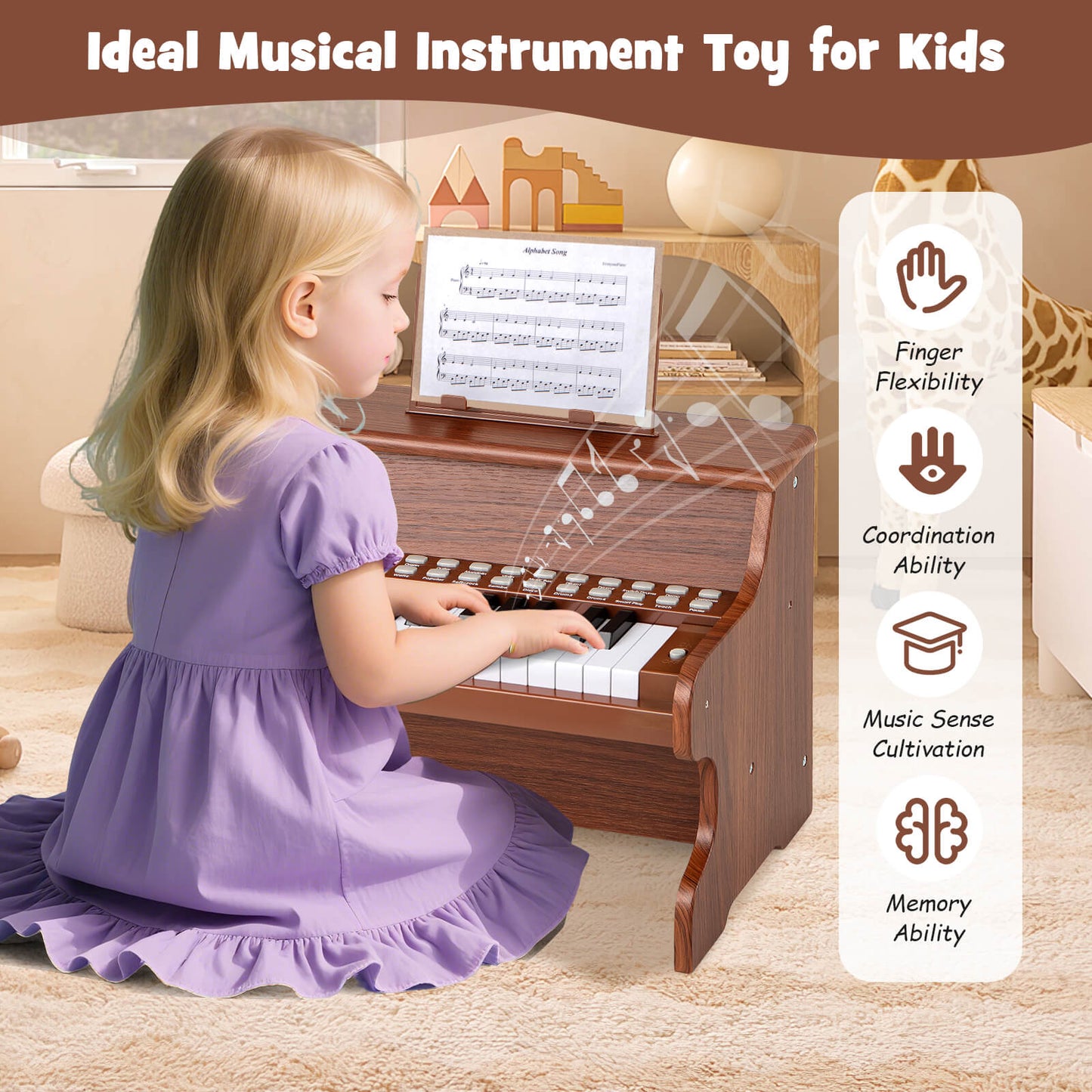 25 Key Kids Digital Piano | Teaching Mode | Brown Musical Toy