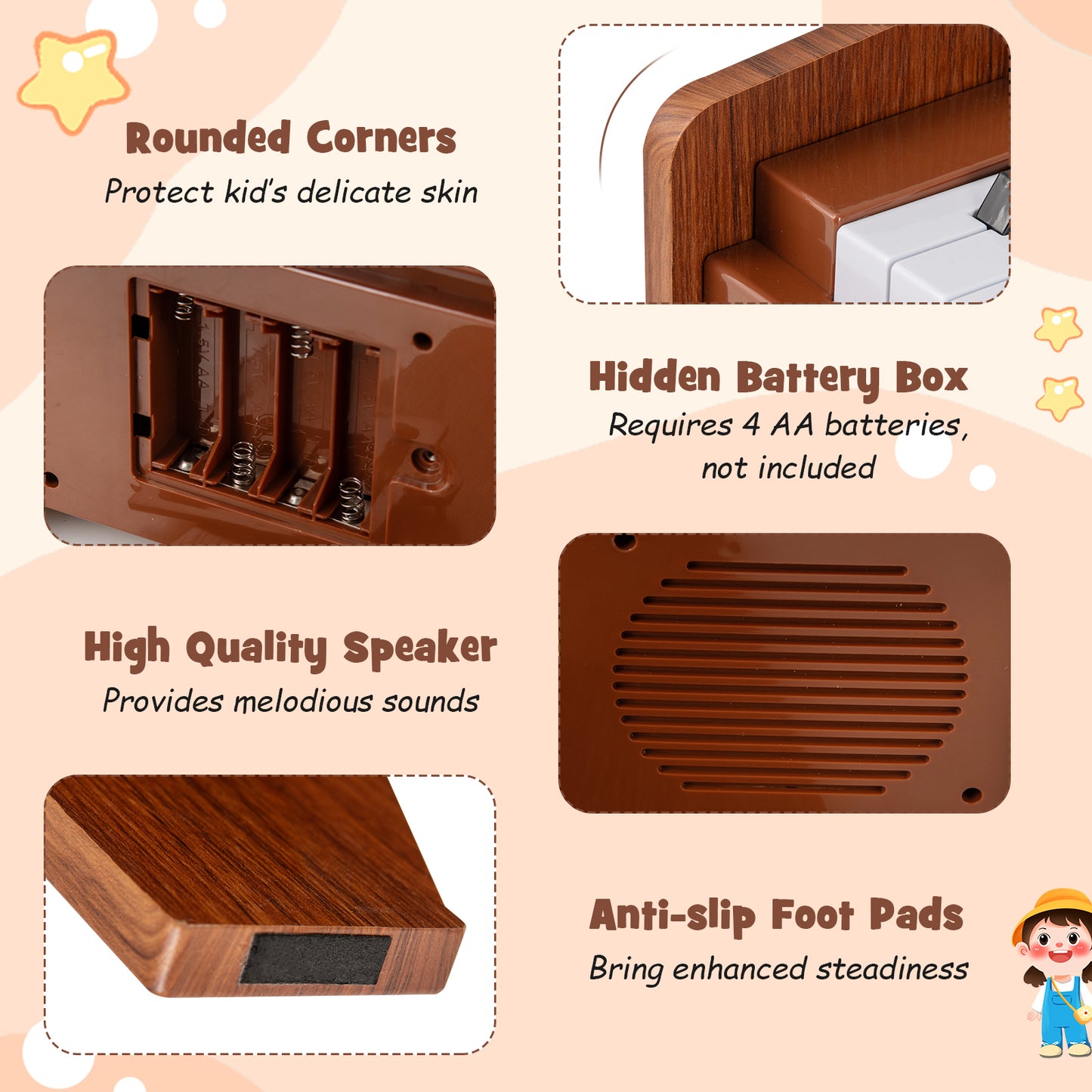 Brown 25 Key Kids Piano | Teaching Mode & Music Stand Included
