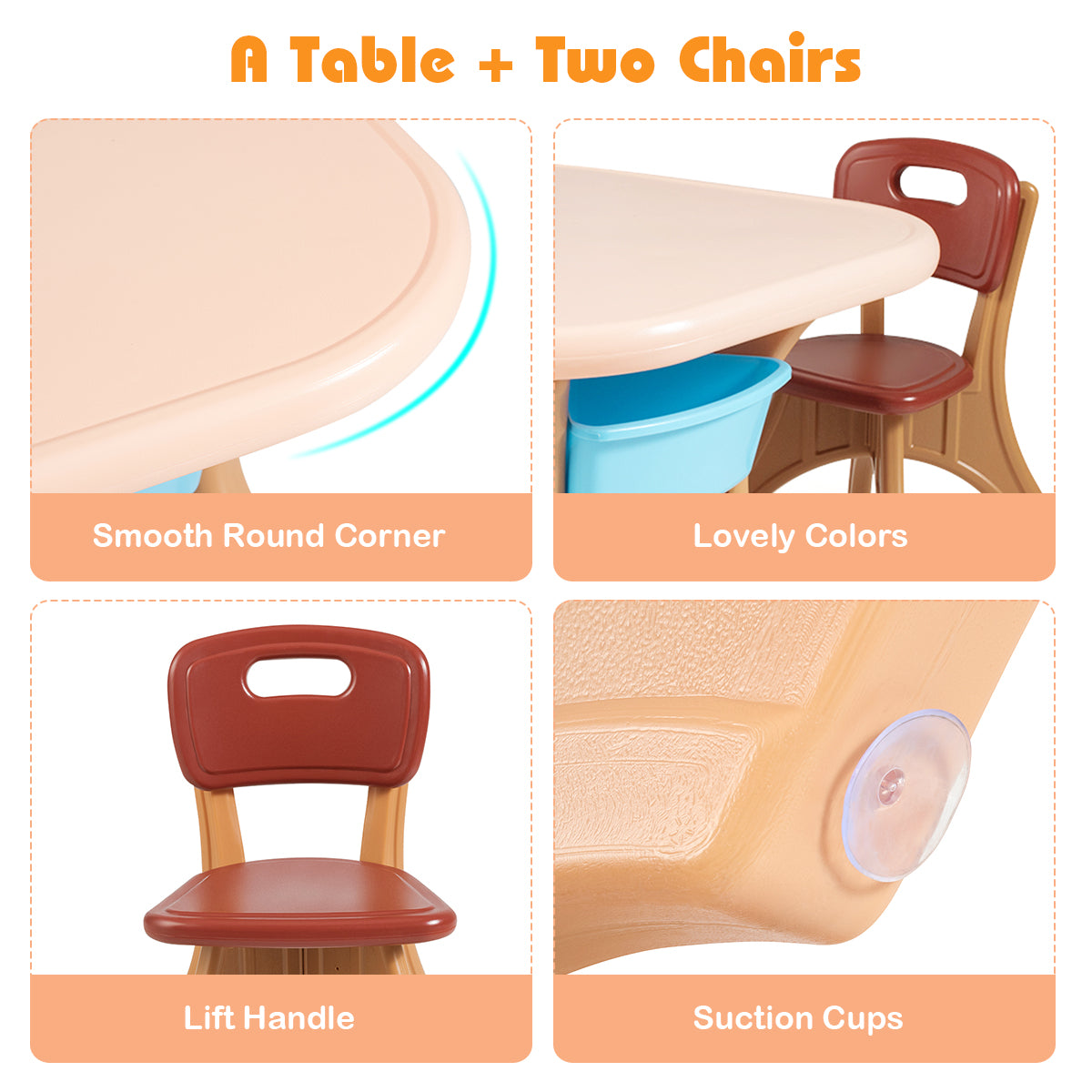 Kids Table and Chair Set with Storage Boxes in Coffee Color, Made of Durable PE Material.