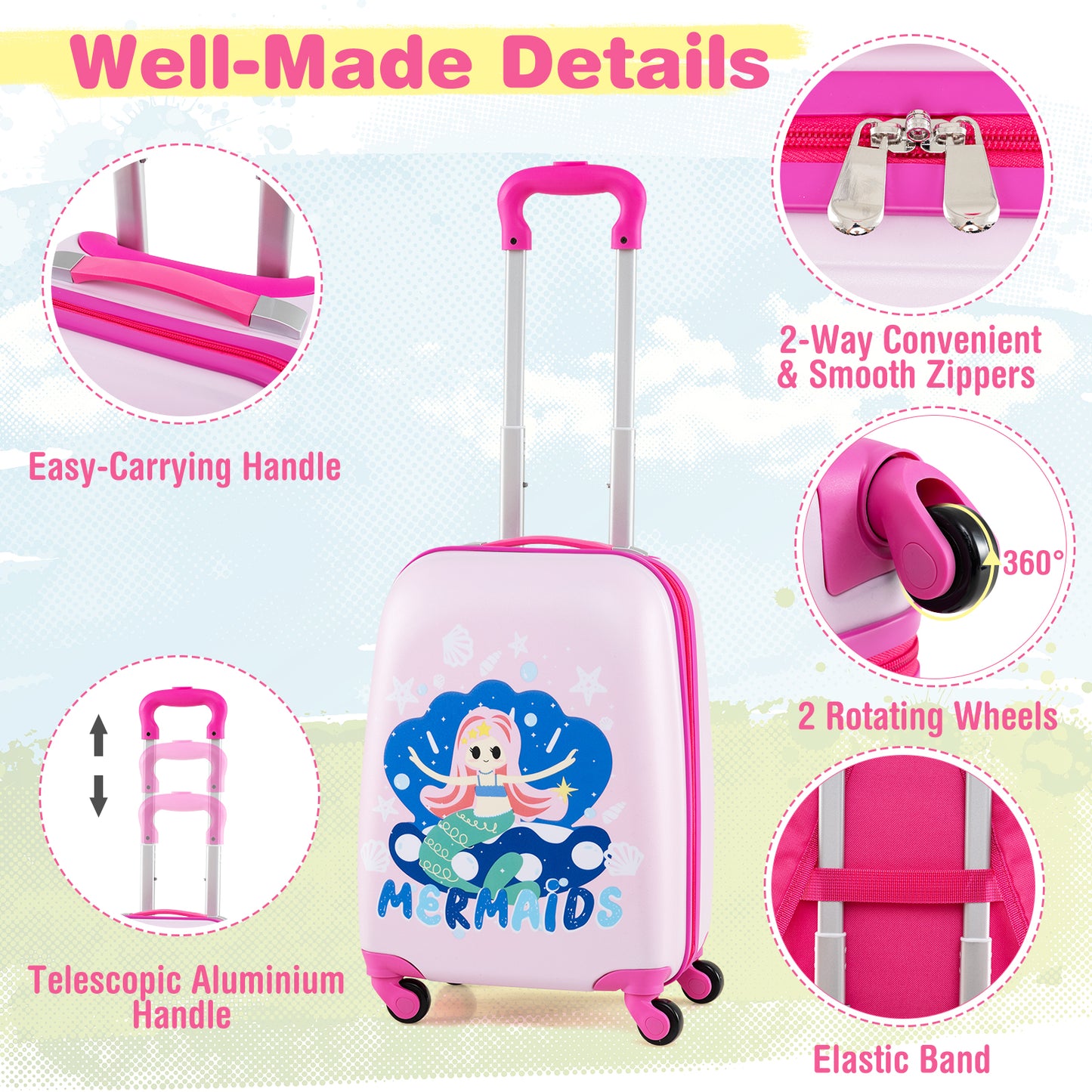 2 Piece Carry On Luggage Set With Spinner Wheels For Children Mermaid Pink