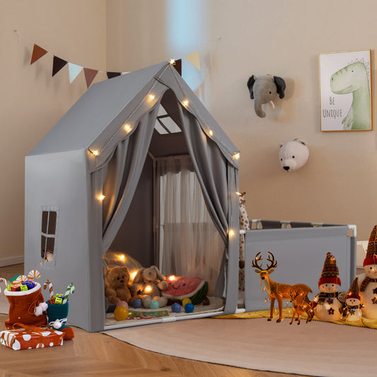 Kids Play Tent With Playpen Star Lights Cotton Mat Grey | 2in1