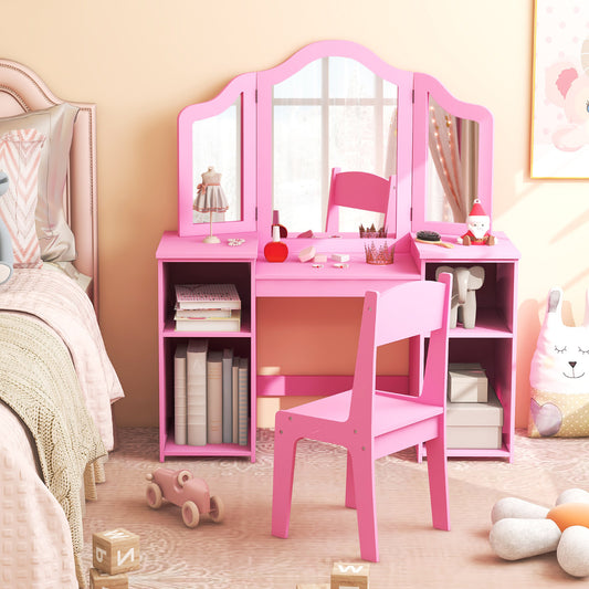 Pink Kids Vanity Table & Chair Set | Tri-Fold Mirror Storage