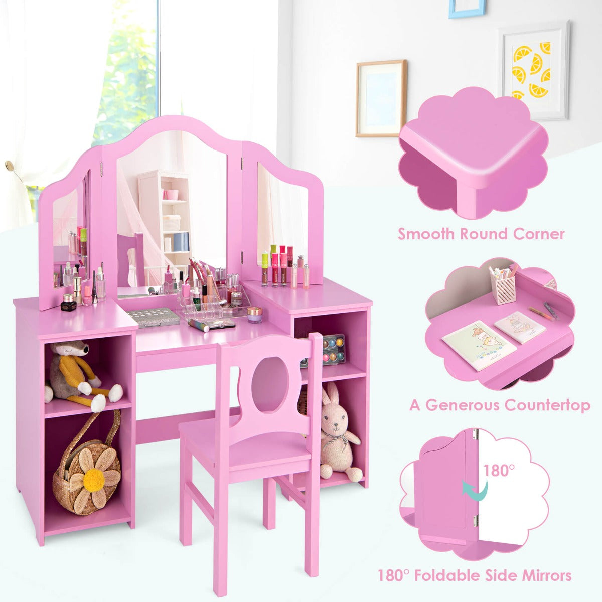 Kids pink vanity set with mirror and chair for princess dress-up playtime.