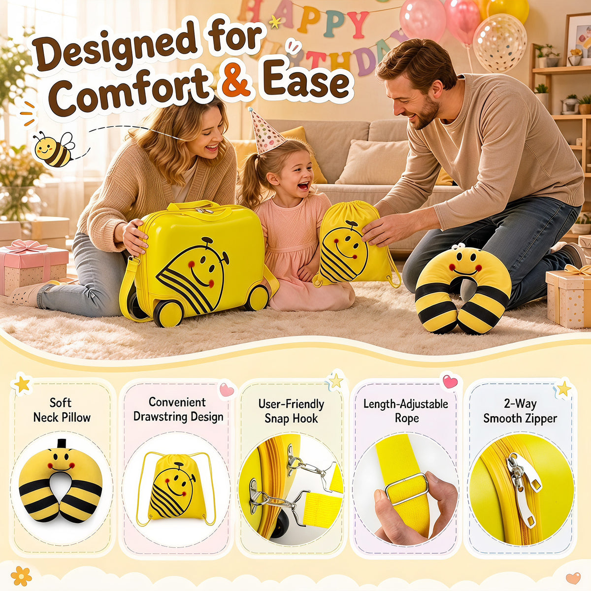 Yellow Kids 3-Piece Carry-On Luggage Set | Ride-On Suitcase