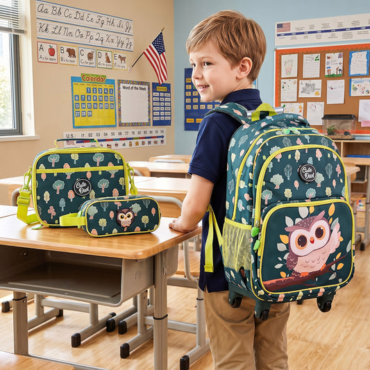 3-Piece Multicolour Owl Rolling Backpack Set | Lunch Box & Pencil Case