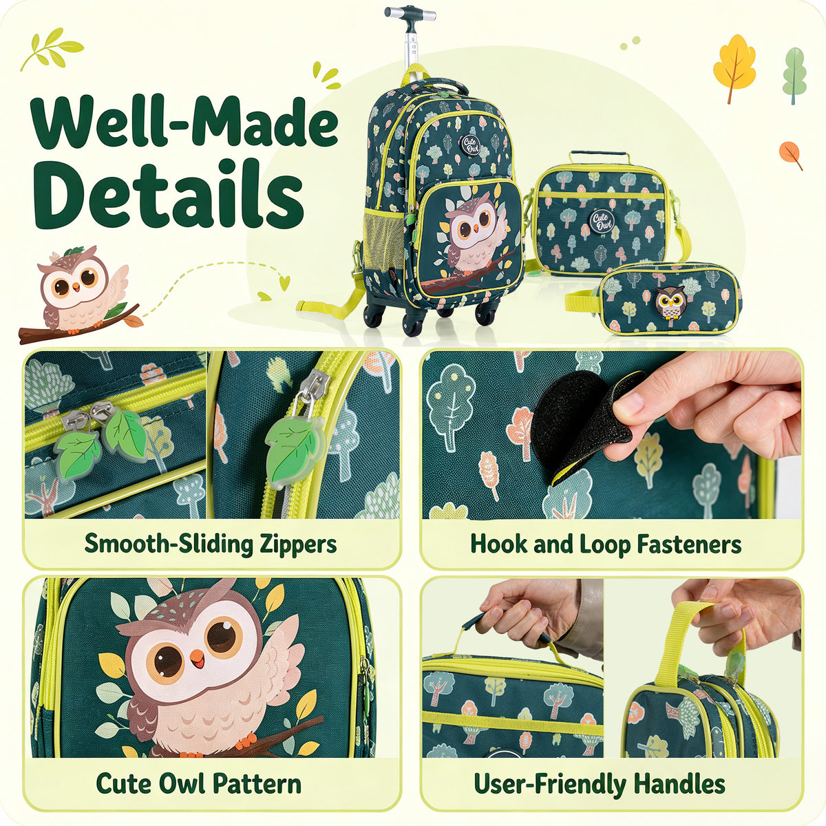 3-Piece Multicolour Owl Rolling Backpack Set | Lunch Box & Pencil Case