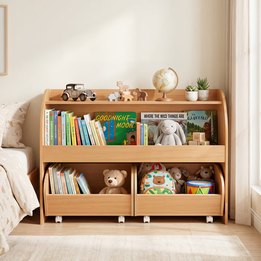 3 Tier Kids Toy Storage Organizer | Natural 2 Rolling Drawers