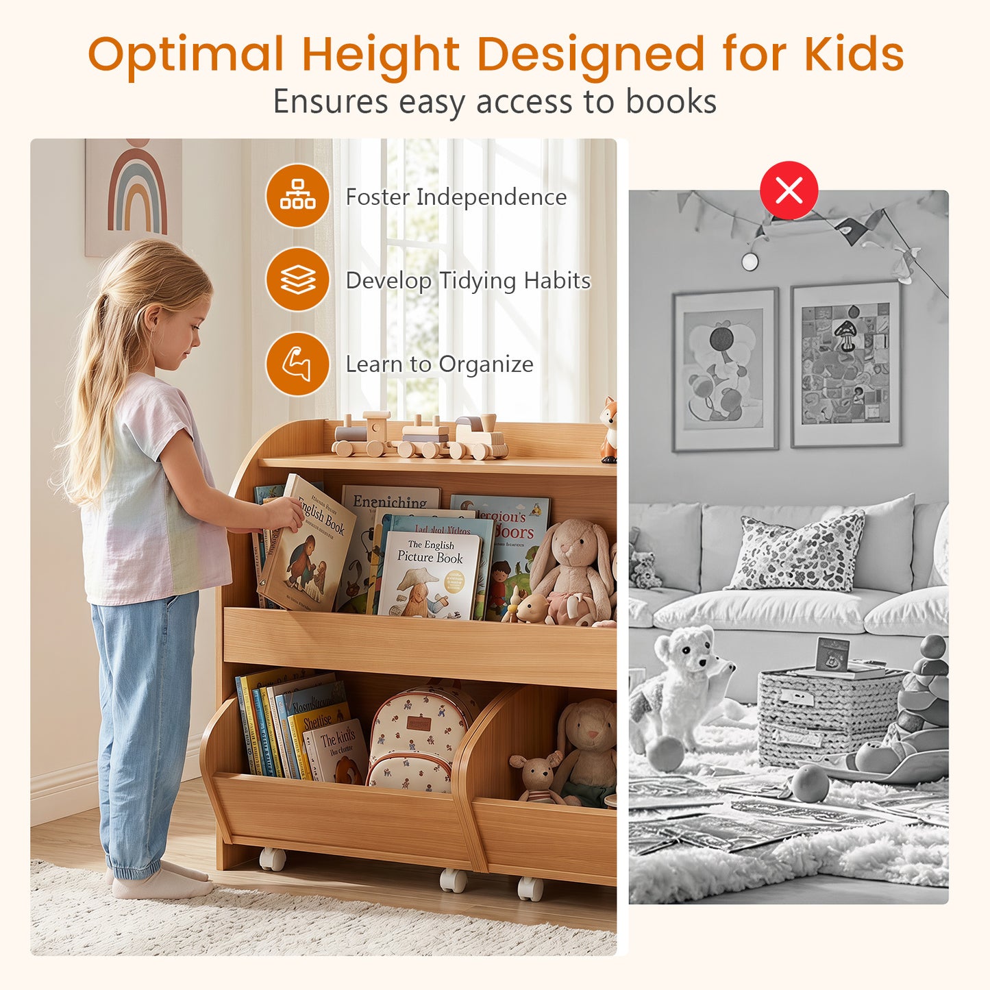 3 Tier Kids Toy Storage Organizer | Natural 2 Rolling Drawers