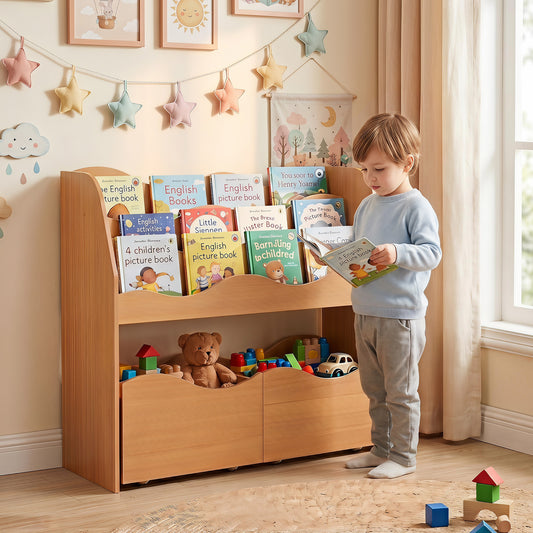 3 Tier Natural Wooden Bookcase | Kids Toy Storage Organizer with Drawers