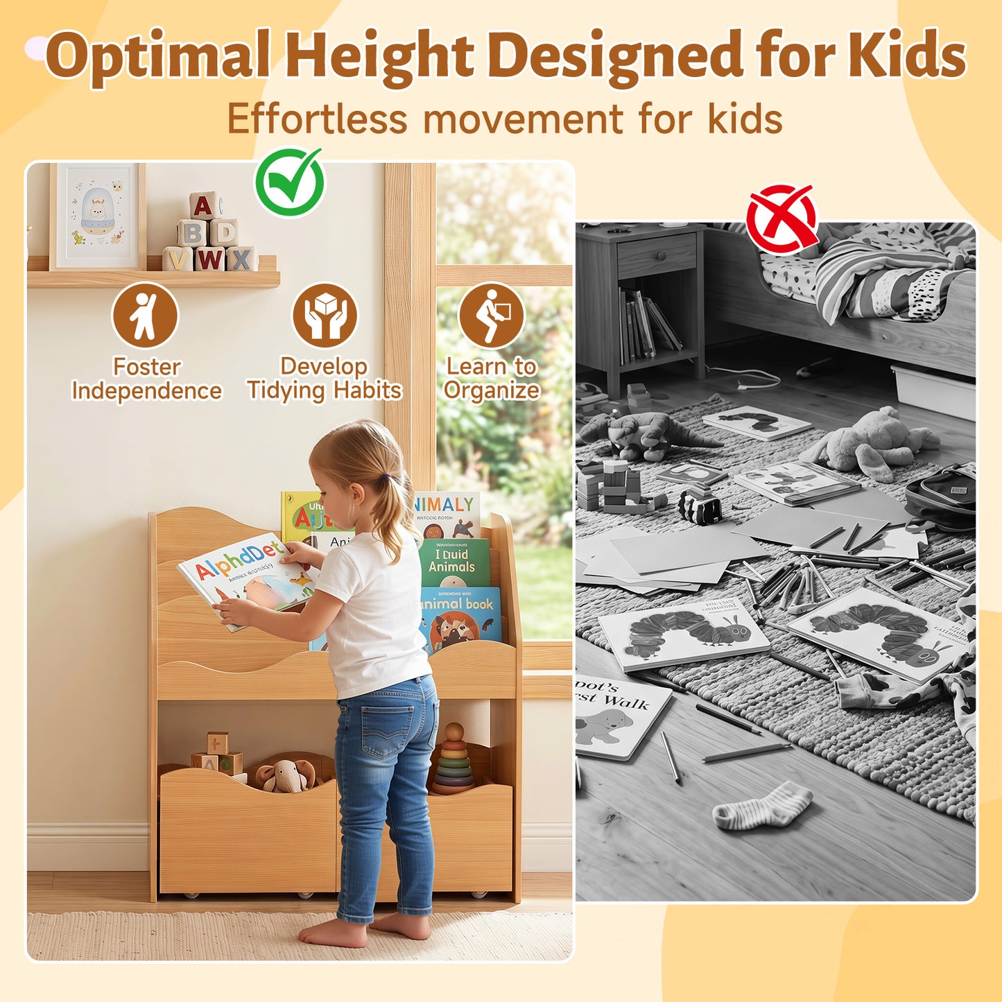 3 Tier Natural Wooden Bookcase | Kids Toy Storage Organizer with Drawers