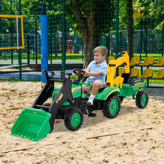 Green 3-in-1 Kids Ride-On Excavator | 6 Wheels & Trailer