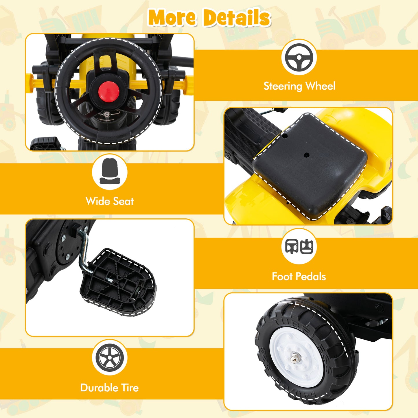 Yellow 3-In-1 Kids Ride-On Excavator | 6 Wheels & Trailer