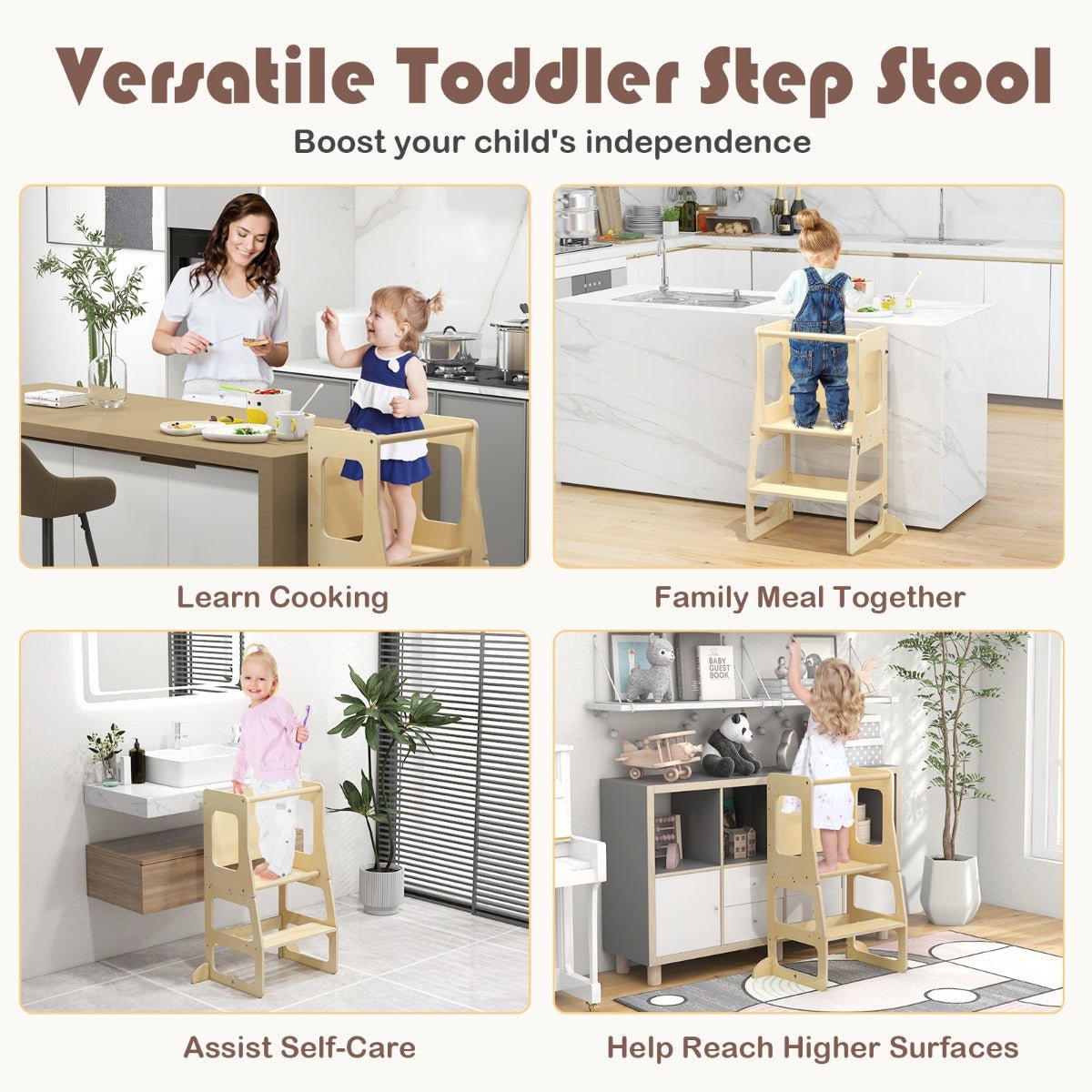 3-in-1 Wooden Toddler Kitchen Tower and Step Stool for safe, interactive learning at home.