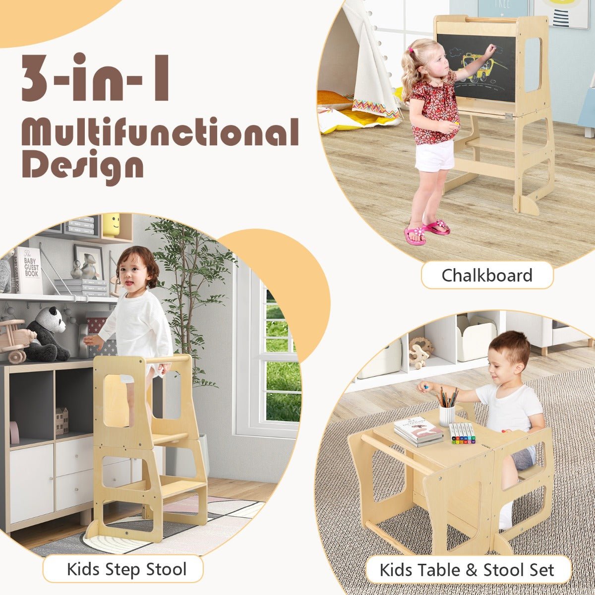 3-in-1 Foldable Kitchen Standing Tower for Toddlers-Natural - Kids Mega Mart