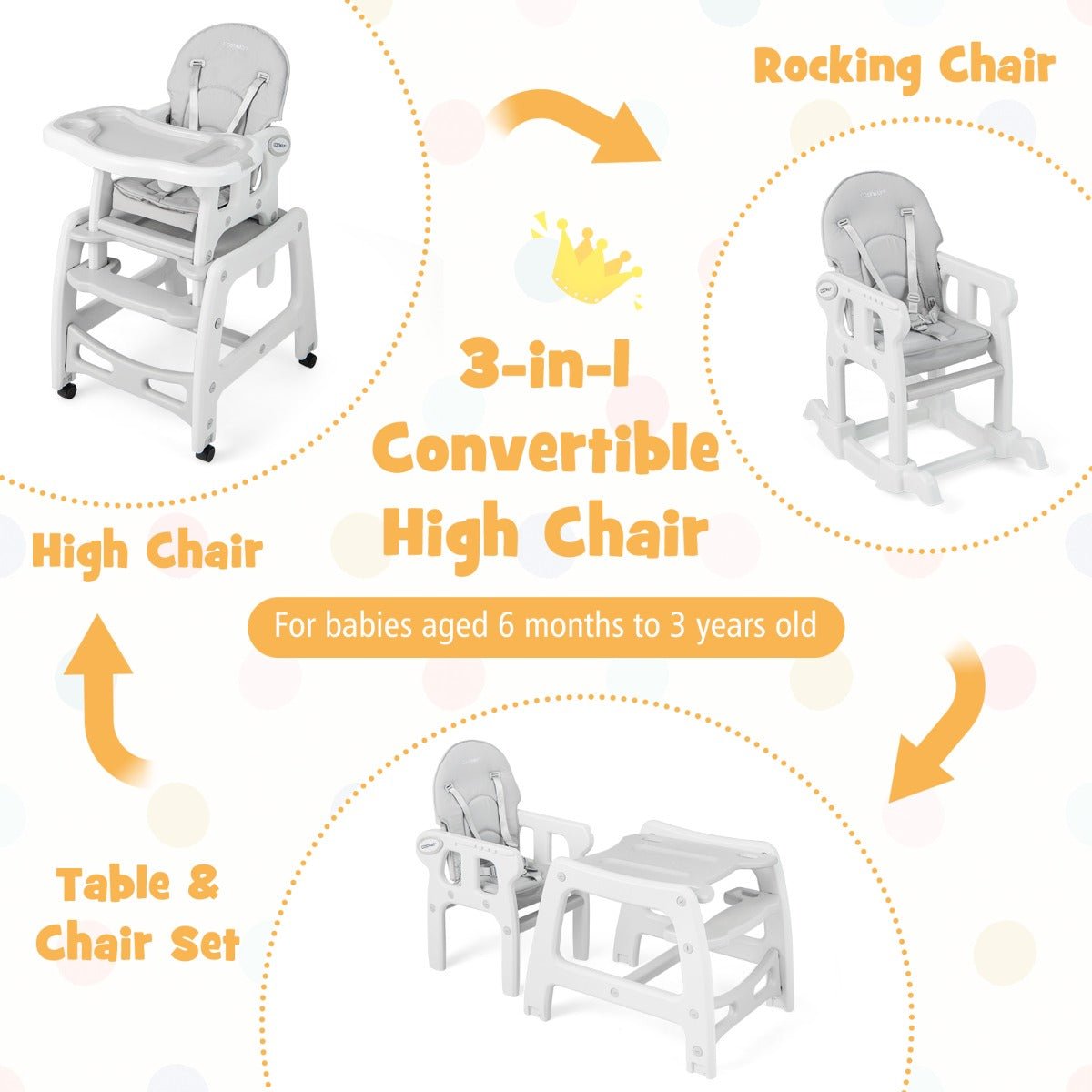 3-in-1 Highchair with Removable 4-Position Tray and Seat Cushion for 6-36 Months - Kids Mega Mart