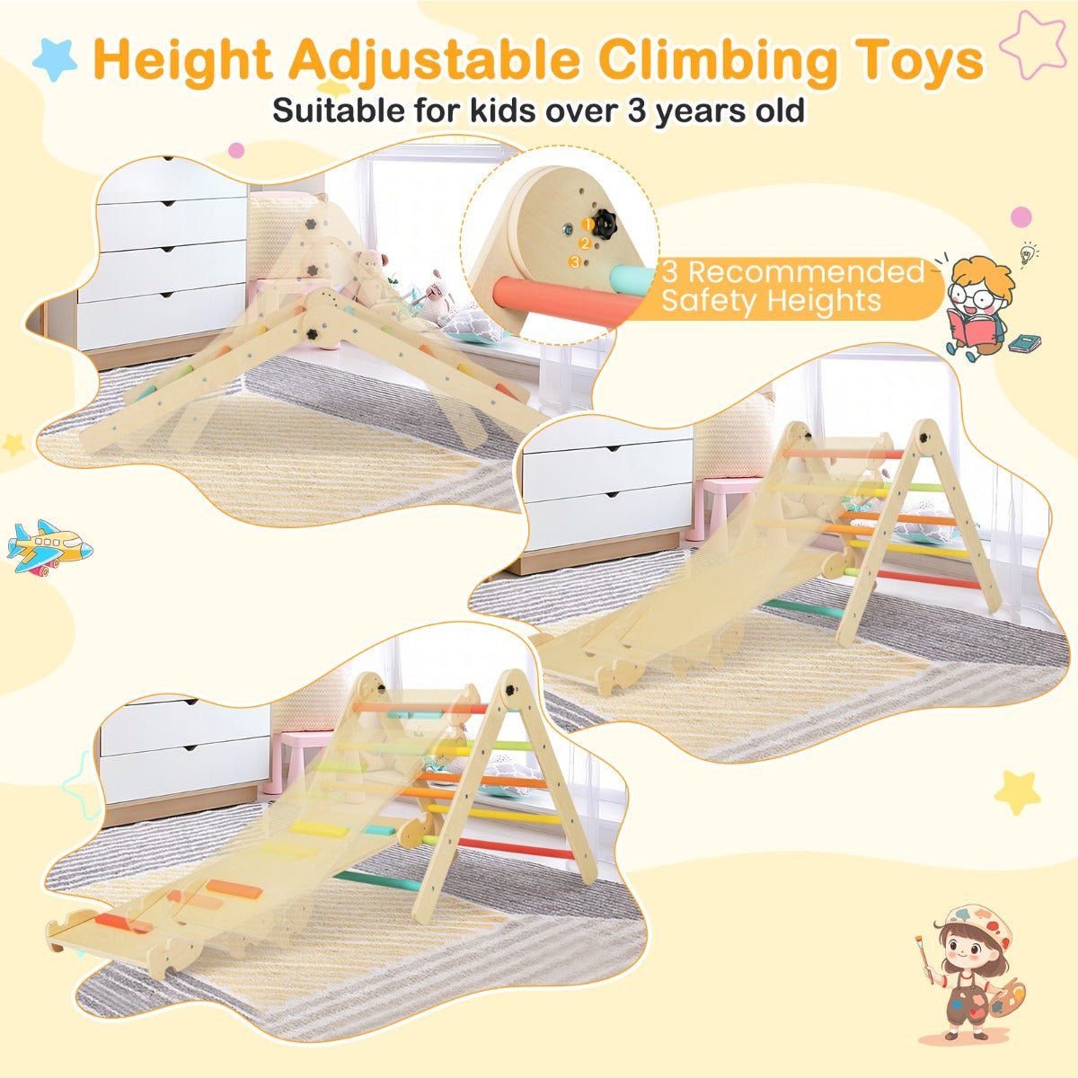 3-in-1 Triangular Climbing Toys with Pikler Triangle and Sliding Climbing Ramp-Multicolour - Kids Mega Mart